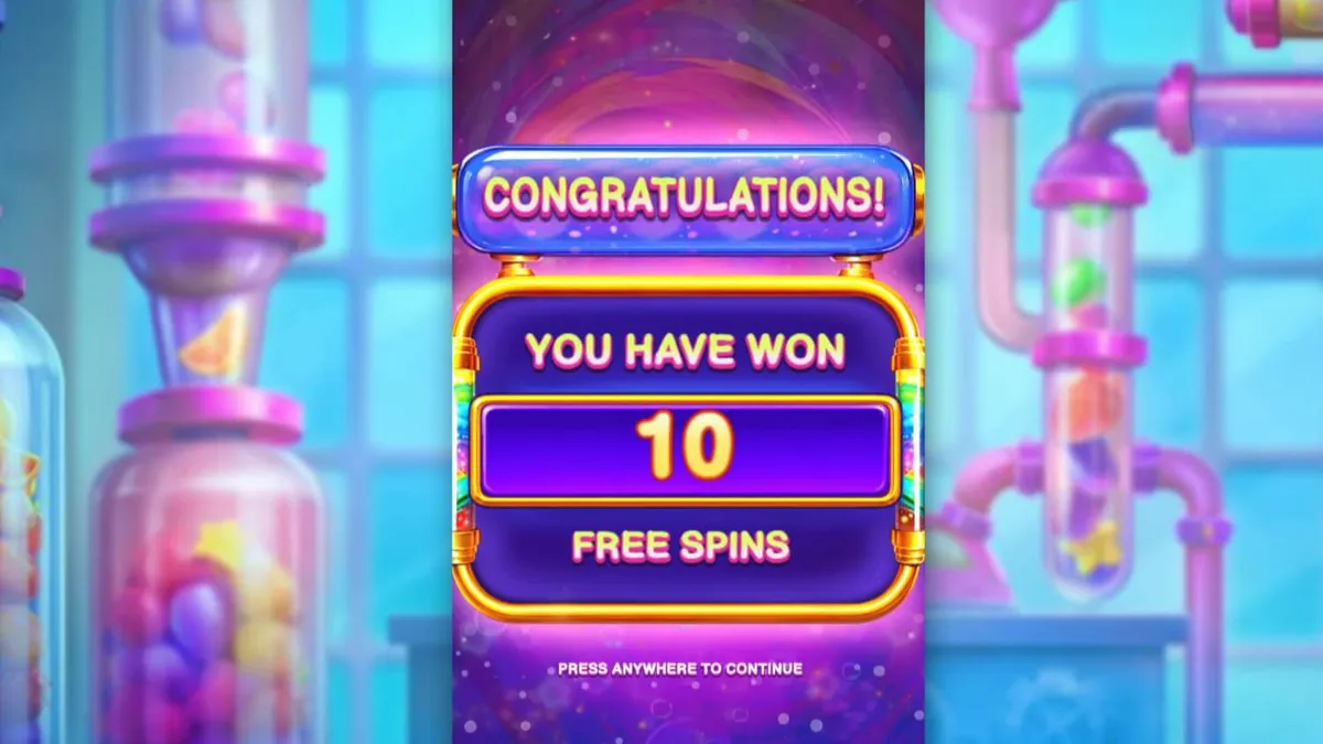 Tampilan antarmuka slot Sweet Burst dengan tema laboratorium permen futuristik
